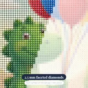 Friendly Green Dinosaur with Balloons – diamond close-up