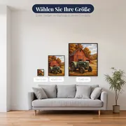 Grüner Oldtimer-Traktor vor roter Scheune im Herbst – verfügbare Größen