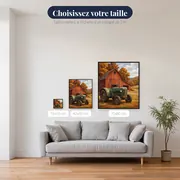 Tracteur vert devant la grange en automne – tailles disponibles