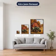 Groene tractor voor rode schuur in herfst – beschikbare formaten