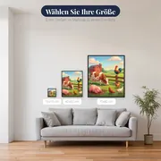 Bunter Bauernhof mit Hühnern und Kuh – verfügbare Größen