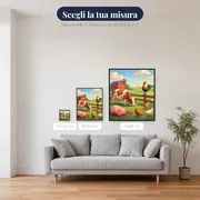 Cortile di fattoria con galline e mucca – misure disponibili