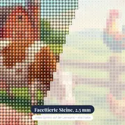 Bunter Bauernhof mit Hühnern und Kuh – Nahaufnahme der Steine