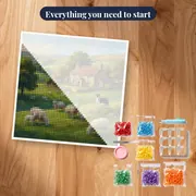 Sheep Grazing Green Hills Farmhouse – kit ready to start