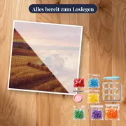 Mähdrescher im Weizenfeld bei Sonnenuntergang – Set bereit zum Loslegen