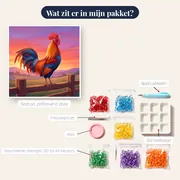 Kraaiende haan op hek bij zonsopgang – inhoud van het pakket