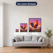 Kraaiende haan op hek bij zonsopgang – beschikbare formaten