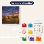 Hooibergen, molen en tractor onder wolken – inhoud van het pakket