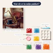 Saxofoon en hoge hoed op stoel – inhoud van het pakket