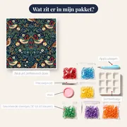 Lijsters tussen aardbeienplanten op donkerblauw – inhoud van het pakket