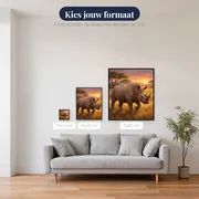 Neushoorn in gouden savannezonsopgang – beschikbare formaten