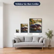 Flusspferdfamilie im Fluss mit Wasserspritzern – verfügbare Größen