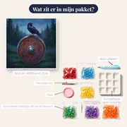 Raaf op een Vikingschild met ornamenten – inhoud van het pakket
