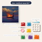 Drakkar funéraire en flammes au crépuscule – contenu du kit
