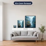 Vikingen roeien door mistige fjord – beschikbare formaten