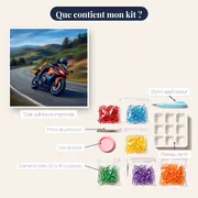 Moto sportive dans le virage de montagne – contenu du kit