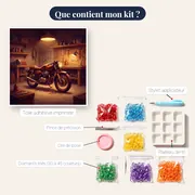Moto ancienne dans un garage chaleureux – contenu du kit