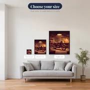 Motorcycle in Garage with Warm Lamp Light – available sizes