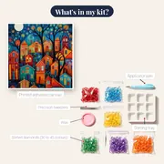 Village Under Full Moon Diamond Painting – kit contents
