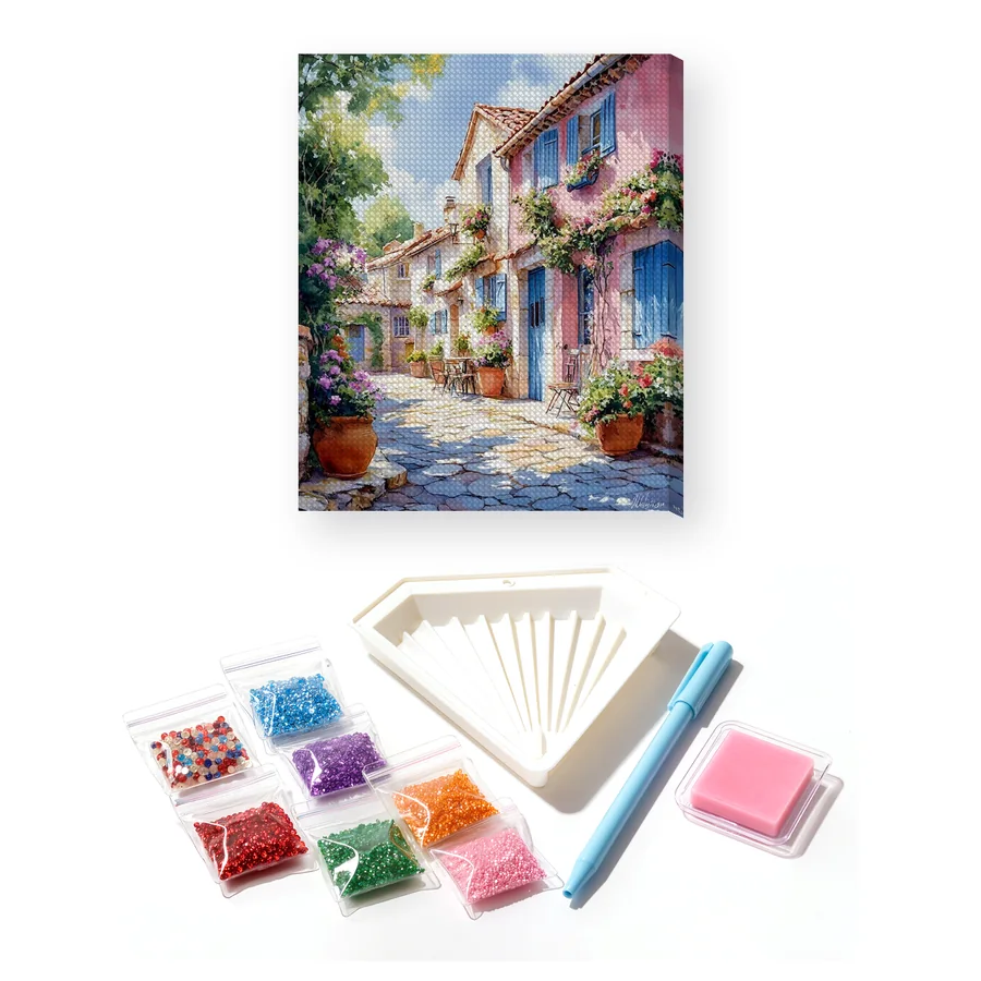 Rosa Haus mit azurblauen Läden Diamond Painting
