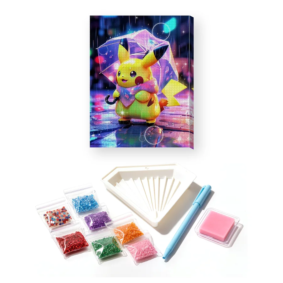 Diamond Painting Pokémon Pikachu im rosa Regen