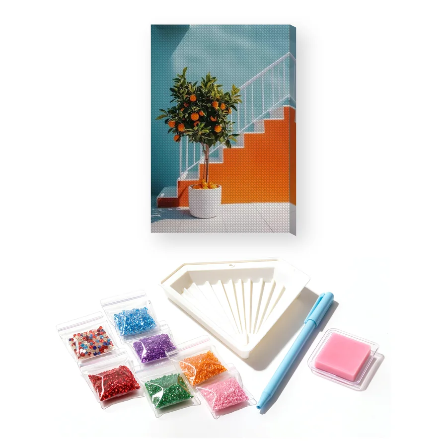 Oranjeboom in pot op blauw terras Diamond Painting
