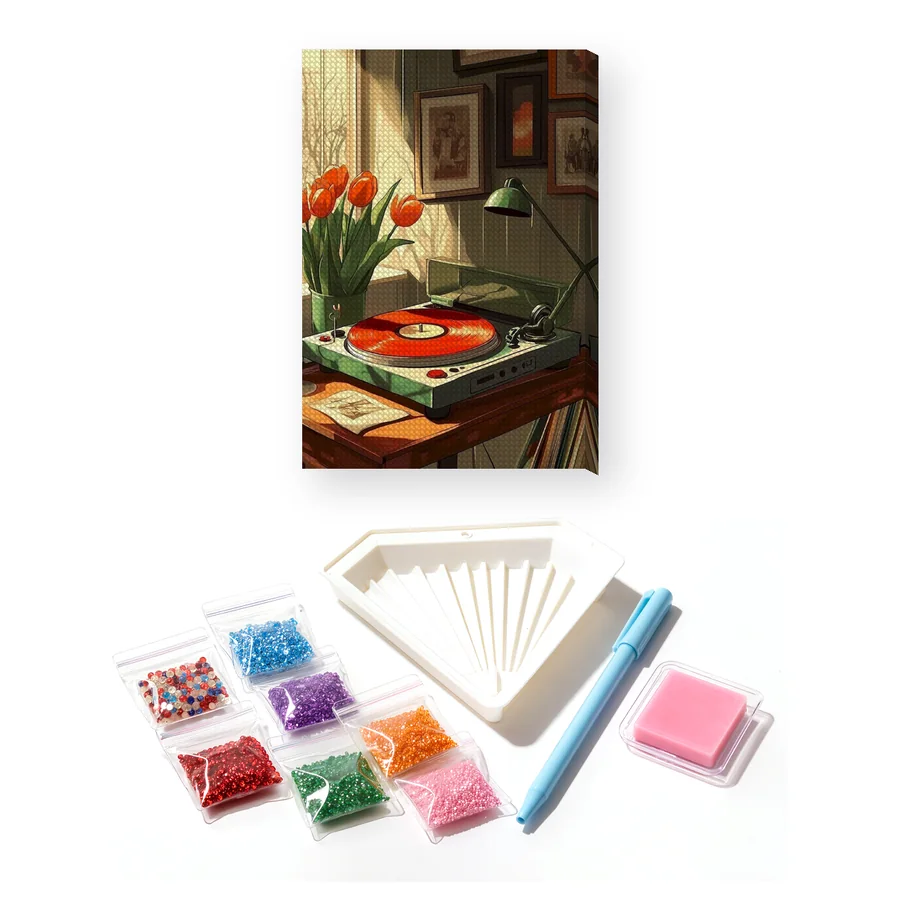 Giradischi vintage e tulipani rossi Diamond Painting