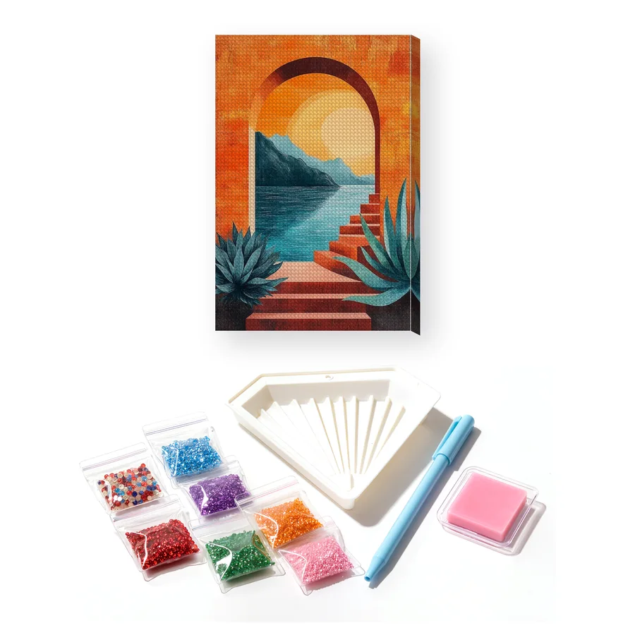 Arco mediterraneo sul mare al tramonto Diamond Painting