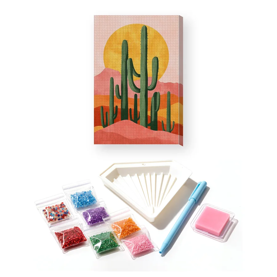 Saguaro-cactuswoestijn en roze duinen Diamond Painting