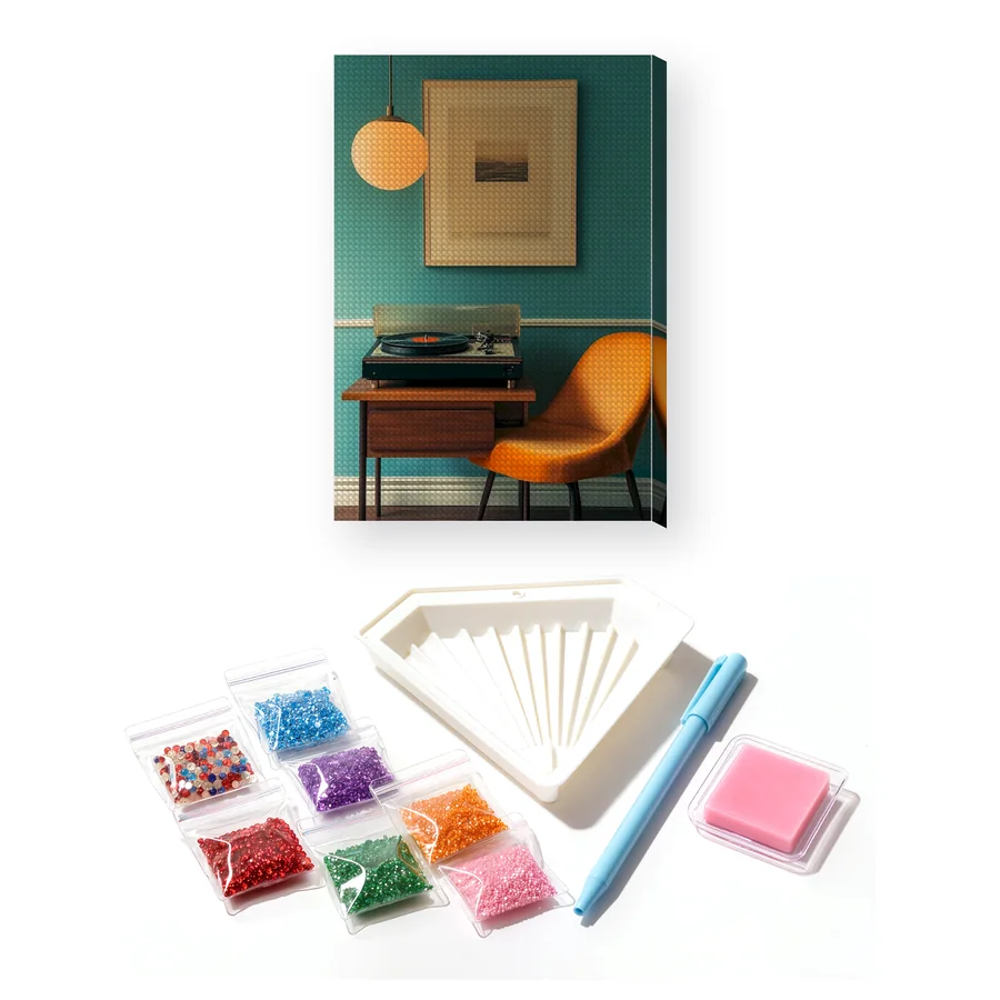 Retro platenspeler met oranje fauteuil diamond painting