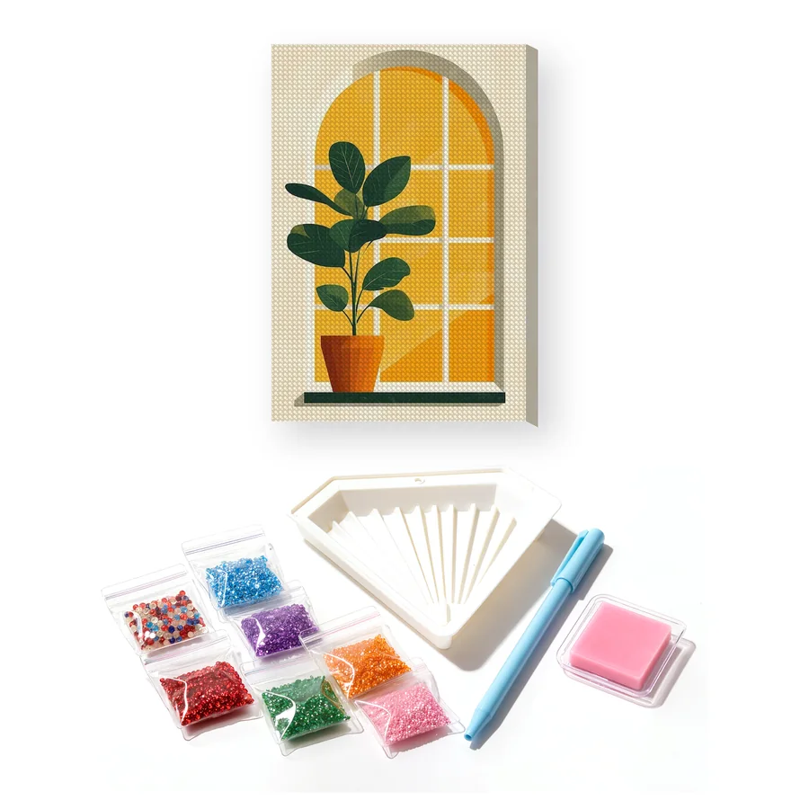 Minimalistische groene plant voor het raam Diamond Painting