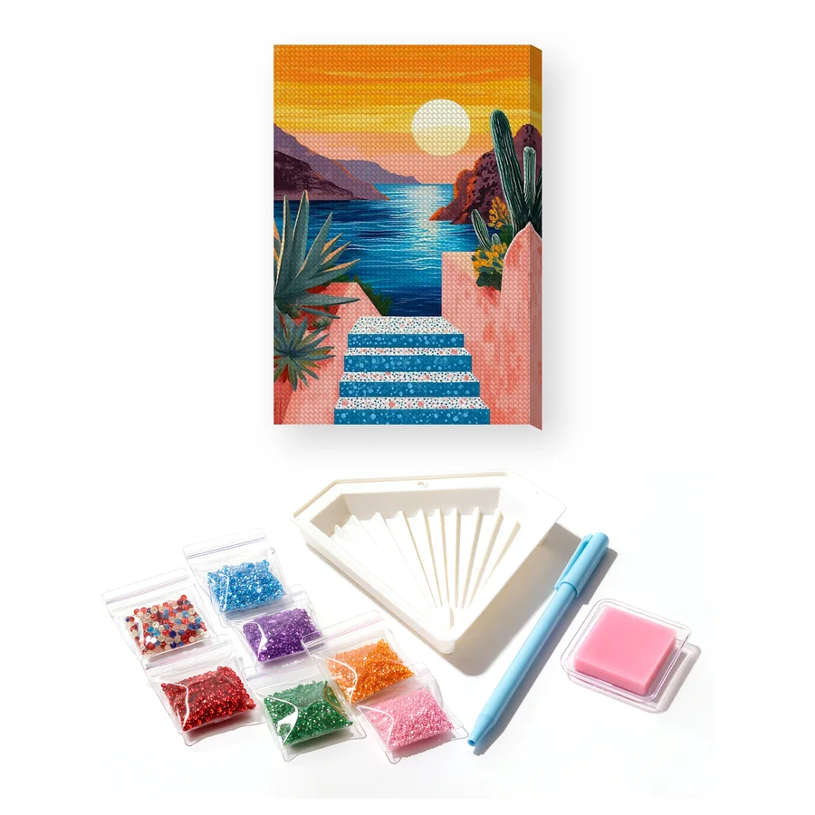 Scala di piastrelle blu al tramonto sul mare Diamond Painting