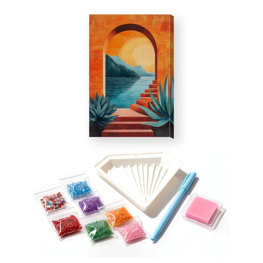 Arco arancione vista mare e montagna al tramonto - Diamond Painting