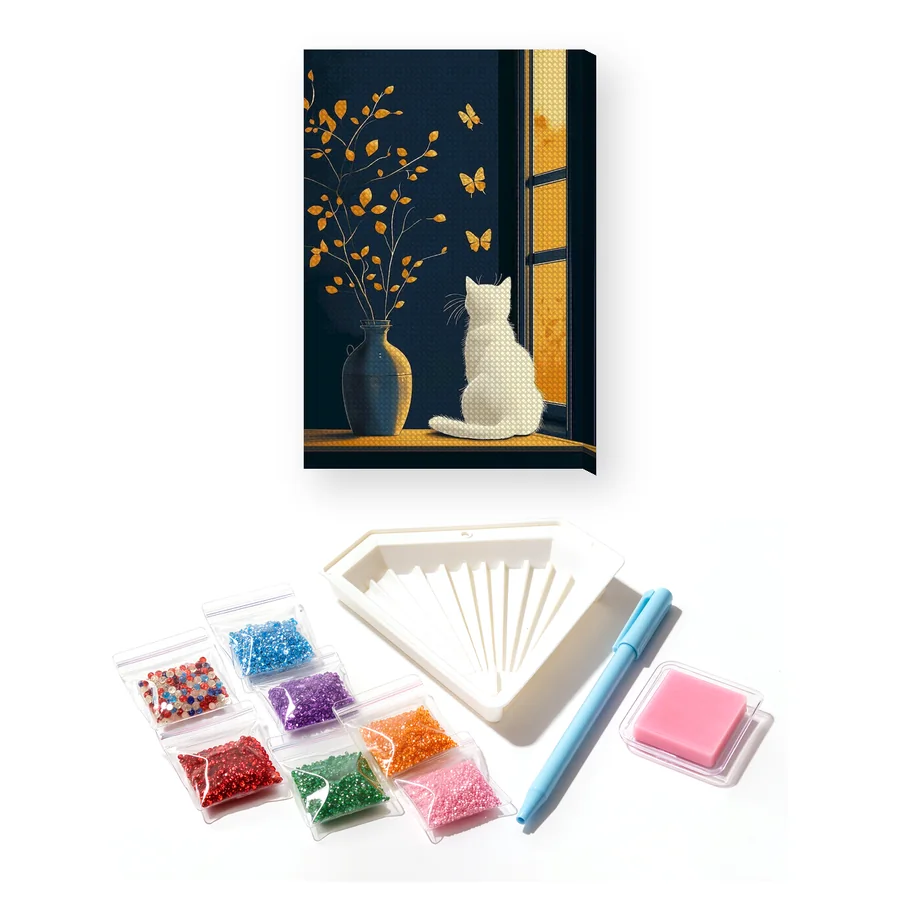 Gatto bianco alla finestra davanti al tramonto - Diamond Painting
