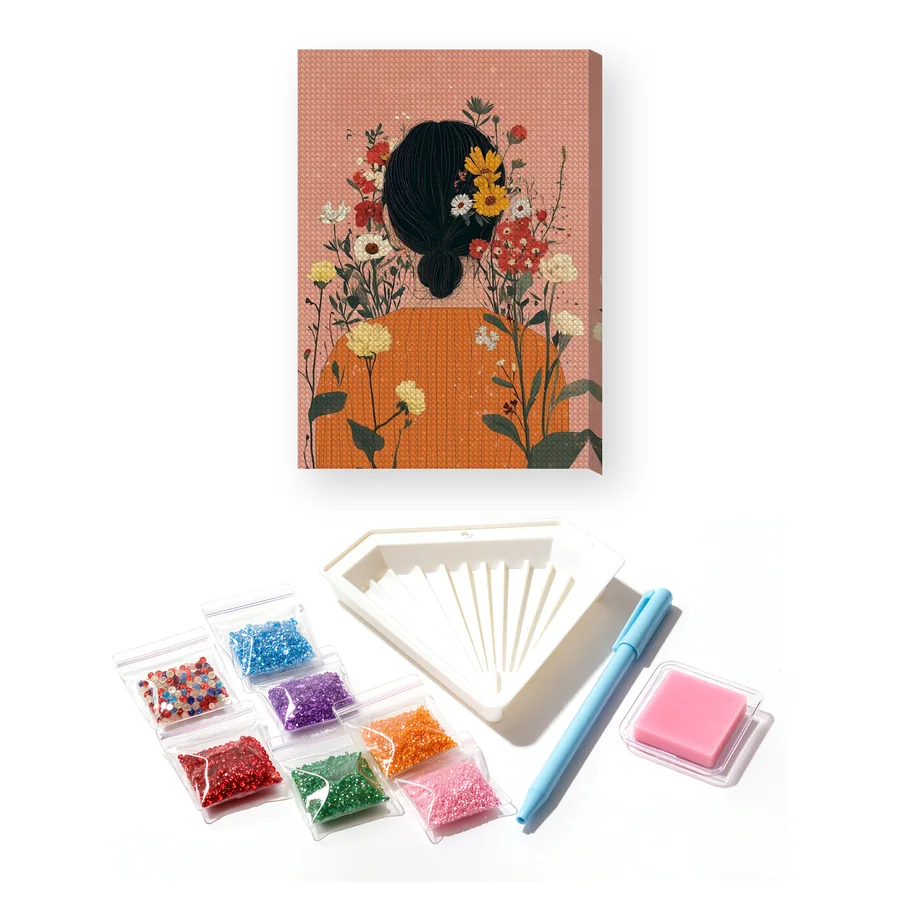 Donna di spalle con maglione arancione e fiori tra i capelli Diamond Painting