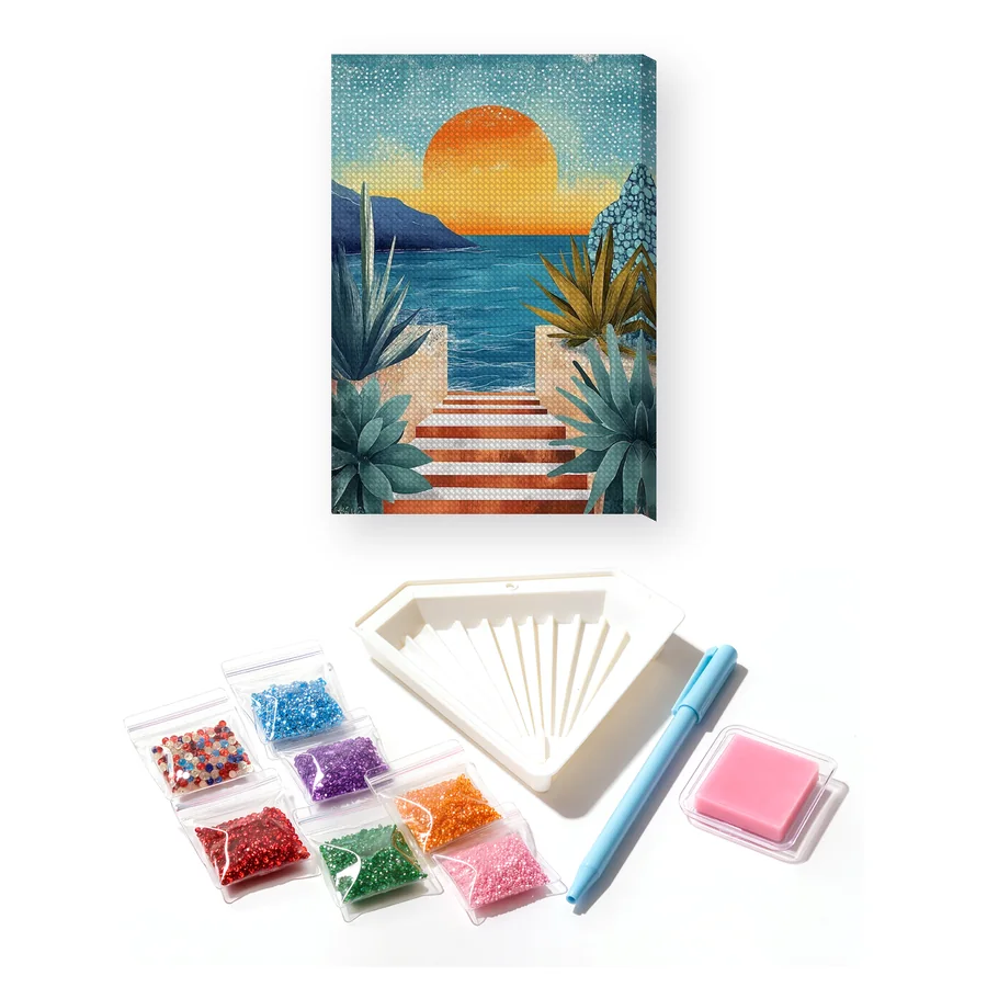 Scalinata di marmo davanti al mare al tramonto Diamond Painting