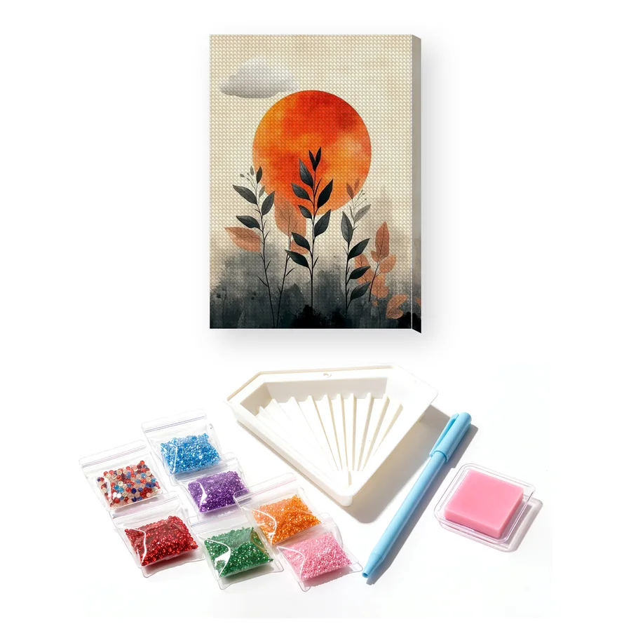 Fijne bladeren onder abstracte oranje zon - Diamond Painting