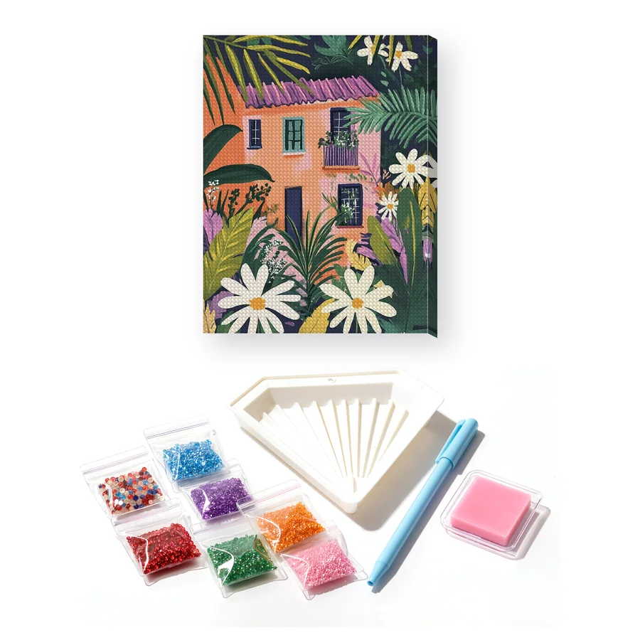 Casa rosa e fogliame tropicale Diamond Painting