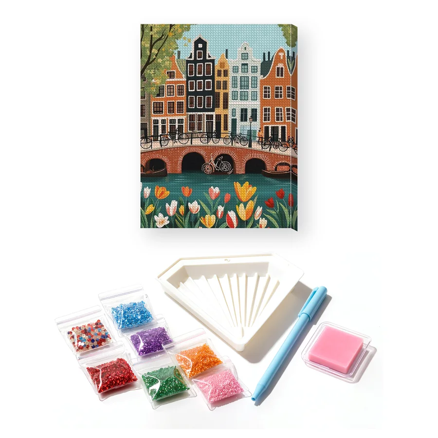 Canali di Amsterdam, biciclette e tulipani Diamond Painting