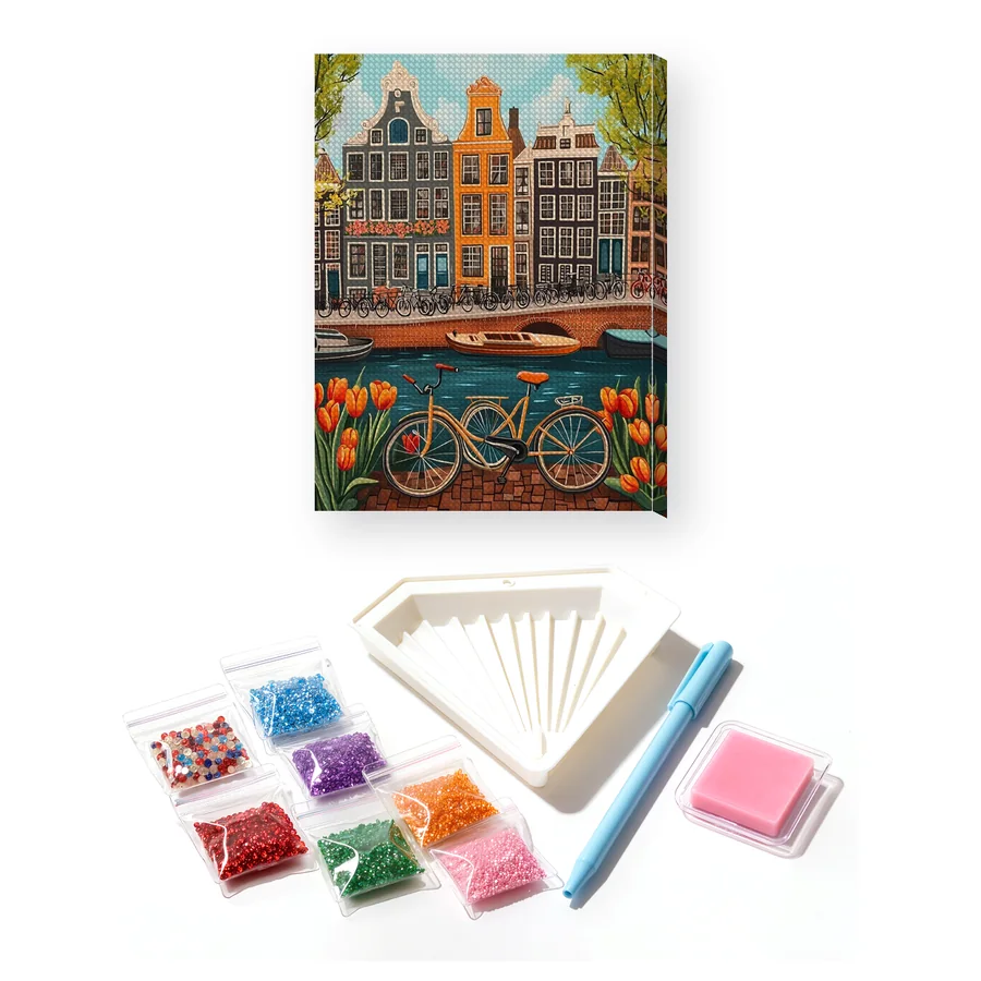 Oranje fiets aan de Amsterdamse grachten Diamond Painting