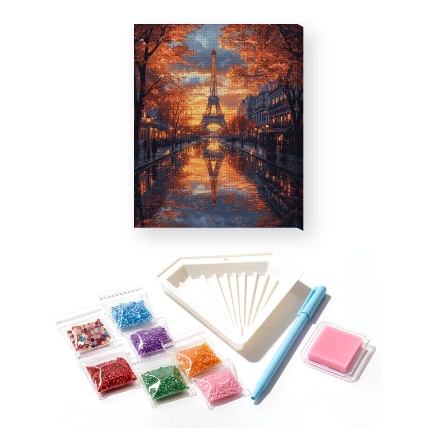 Torre Eiffel sotto la pioggia autunnale al tramonto Diamond Painting
