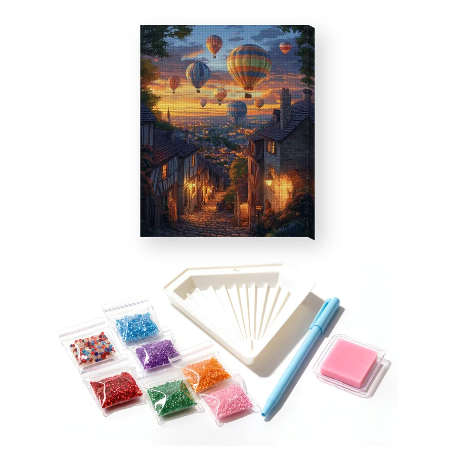 Mongolfiere su un borgo medievale al tramonto - Diamond Painting