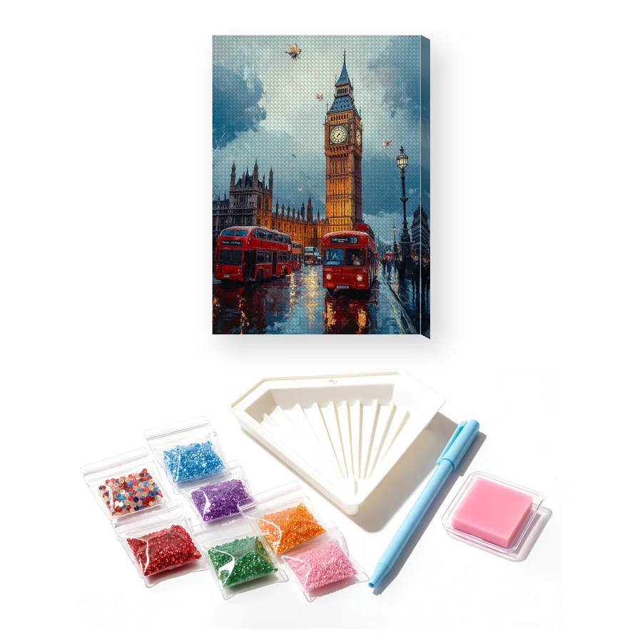 Luci del Big Ben e autobus rossi londinesi Diamond Painting