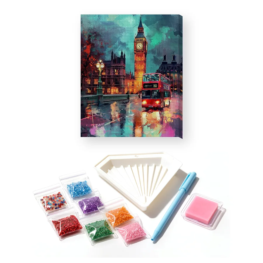 Ponte di Westminster, Big Ben e autobus rosso al crepuscolo - Diamond Painting