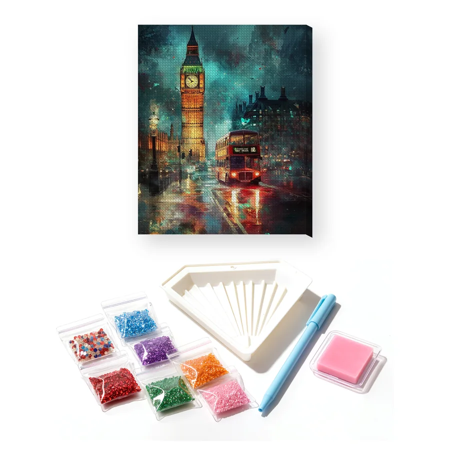 Big Ben illuminato e bus a due piani rosso notte Diamond Painting