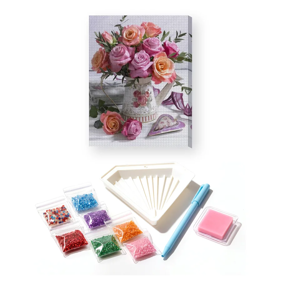 Diamond Painting Roses Pastel dans un Arrosoir Vintage