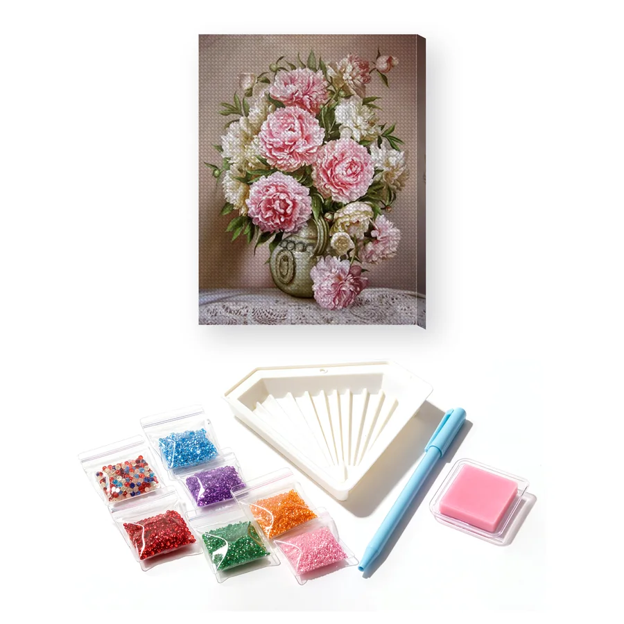 Diamond Painting Pivoines Roses dans un Vase Doré