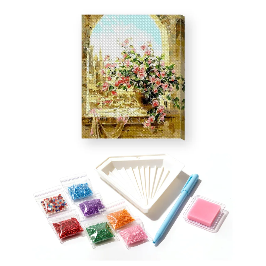 Diamond Painting Roses Roses sur un Balcon de Pierre