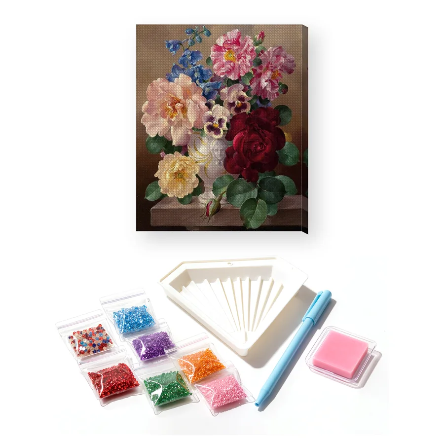 Diamond Painting Bouquet Majestueux de Roses dans un Vase Sculpté