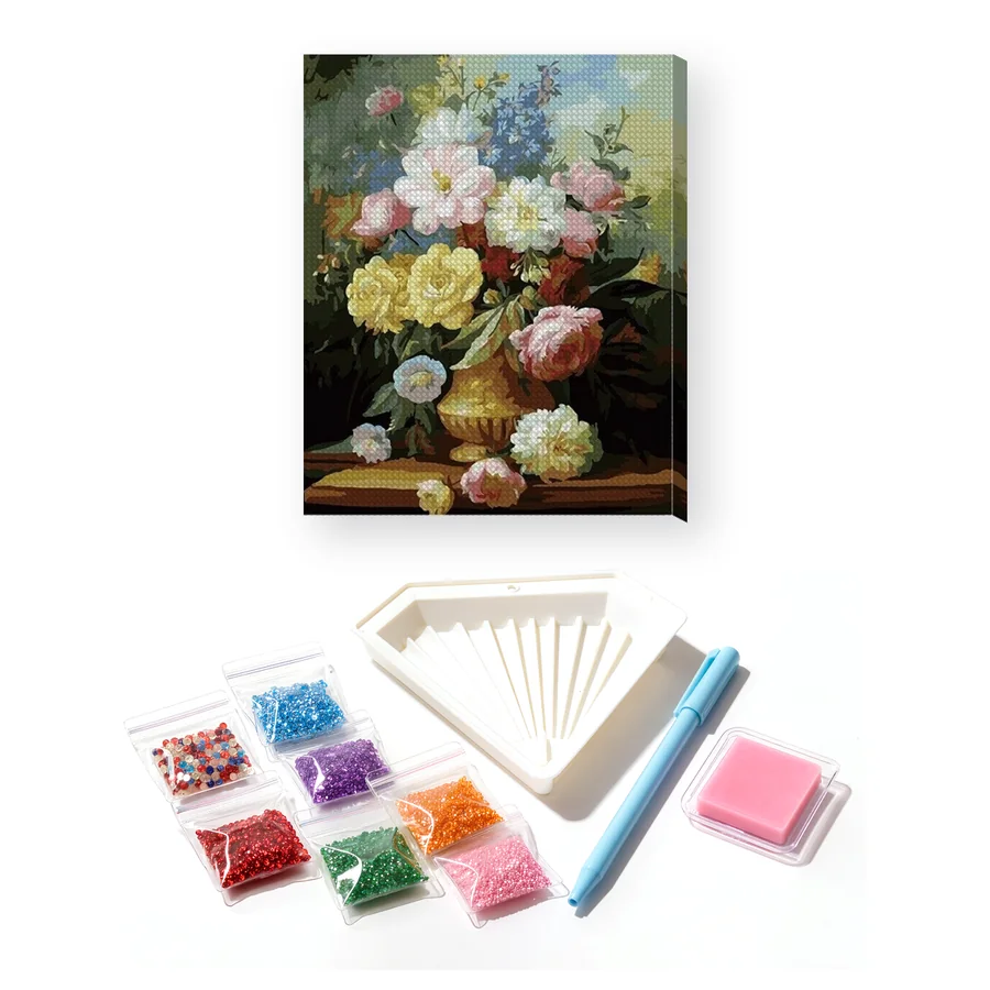 Diamond Painting Bouquet de Pivoines et Roses dans un Vase Doré